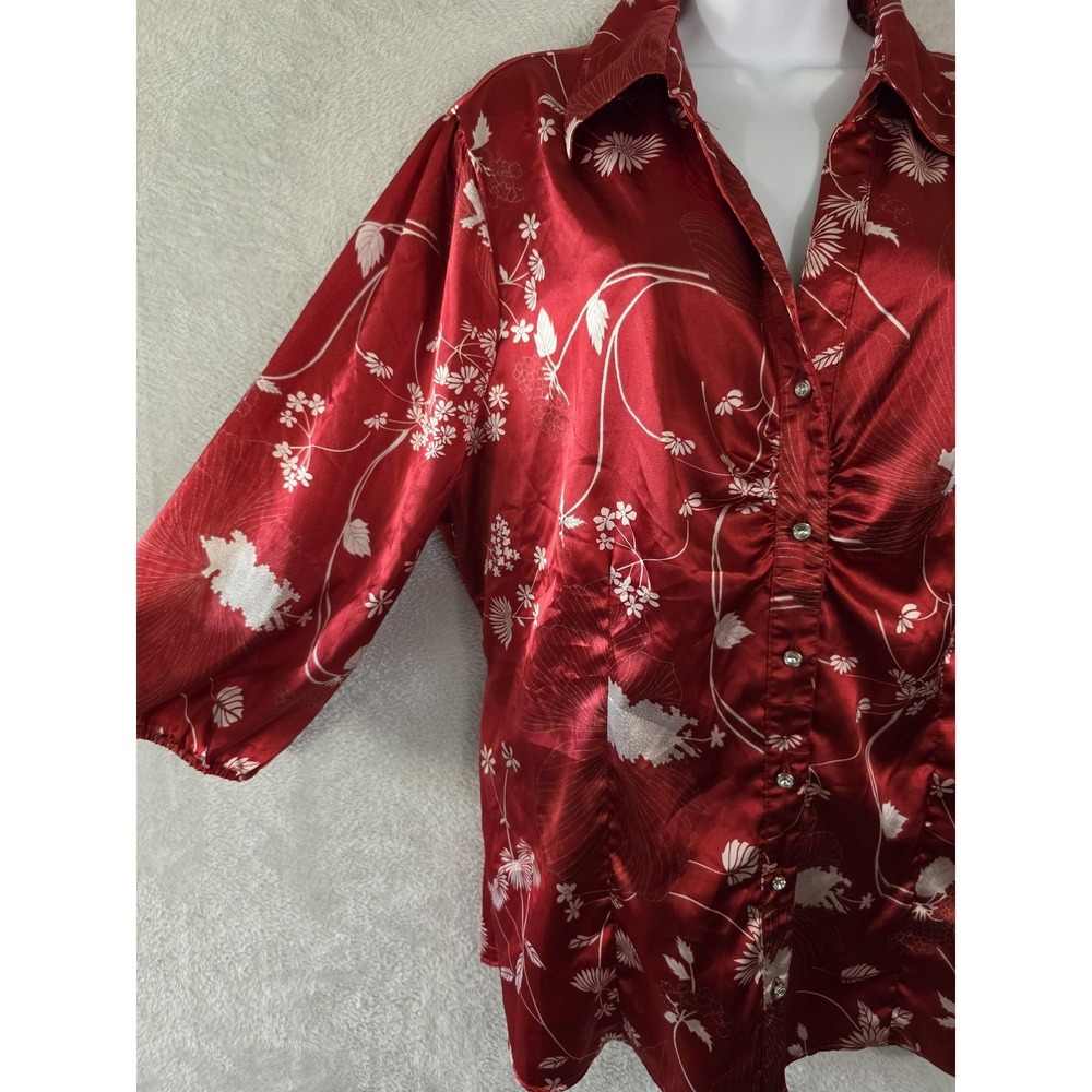 EUC Antilia Femme Blouse Womens Plus 2X Red Floral Satin Tie Back Office Party